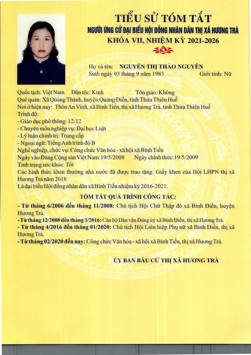 Tiểu sử và chương trình hành động của bà Nguyễn Thị Thảo Nguyên, ứng cử Đại biểu HĐND thị xã khóa VII, nhiệm kỳ 2021 - 2026
